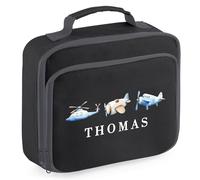 Personalised Boys Planes Lunch Box Helicopter Design Custom Kids Toddler Child Back to School Nursery Gift, 24cm x 20cm x 8cm, Black