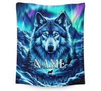 Personalised Boys Wolf Blanket - Custom Name Fleece Throw, Soft Flannel Blanket Gift for Kids, Cosy Animal Bedroom Decor