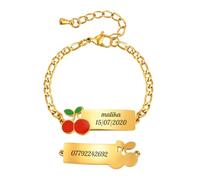 Personalised Bracelet for Baby Girls Name - 18K Gold Plated Customized Child Boys Identity Bracelets Figaro Chain Cherry Charm Back to School Birthday Gift for Daughter Toddler Infant (Gold)