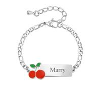 Personalised Bracelet for Baby Girls Name - 18K Gold Plated Customized Child Boys Identity Bracelets Figaro Chain Cherry Charm Back to School Birthday Gift for Daughter Toddler Infant (Silver)