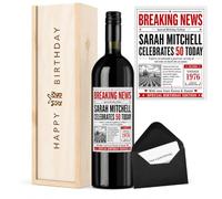 Personalised Breaking News Birthday Wine Gift, Red Wine & Wooden Box
