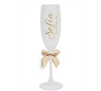 Personalised Bride to Be Frosted Champagne Flute, White with Gold Writing and Satin Bow
