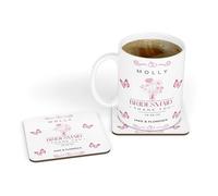 Personalised Bridesmaid Thank You Mug and Coaster Set, White Ceramic with Pink Butterfly Design, Includes Cork-Backed Coaster (No Gift Box)