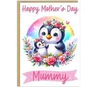 Personalised Bright & Colourful Mother's Day Card Mummy Nanna Grandma Gran Step Mum etc Custom Happy Mother's Day Vibrant Animal A5 Cards (Penguin)