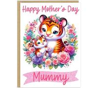 Personalised Bright & Colourful Mother's Day Card Mummy Nanna Grandma Gran Step Mum etc Custom Happy Mother's Day Vibrant Animal A5 Cards (Tiger)
