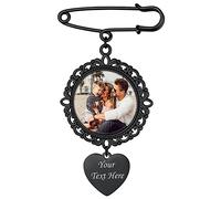 Personalised Brooch Pin with Name Black Memory Charm Bridal Flower Bouquet Keepsake Custom Photo Tag Pin