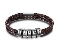 Personalised Brown Leather Mens or Womens Bracelets Silver Name Rhoidum Beads Charm Bracelet for Dad Hand Stamped Engraved 5 Name ID Identity Braid Bracelet Customised Father Grandad Birthday