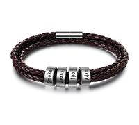 Personalised Brown Leather Mens or Womens Bracelets Silver Name Rhoidum Beads Charm Bracelet for Dad Hand Stamped Engraved 4 Name ID Identity Braid Bracelet Customised Father Grandad Birthday