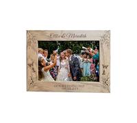 Personalised Brown Wooden Photo Frame 6x4 - Custom Engraved Picture Frame with Flowers & Butterflies for Wedding and Special Occasions (Landscape)