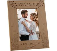 Personalised Brown Wooden Photo Frame with Custom Engraving, For Wedding and Anniversary, Flowers and Butterflies