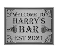 Personalised Brushed Silver Bar Sign - A5 Metal Plaque (20 x 15 cm) with Custom Name & Year - Optional Screw Holes or Adhesive Stickers -, Garden, Man Cave Gift