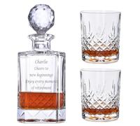 Personalised Buckingham Square Crystal Decanter and 2 Matching Whisky tumblers, 24% Lead Crystal, Supplied in Presentation Box, Quality Glassware Gift Engraved with Your own Words.