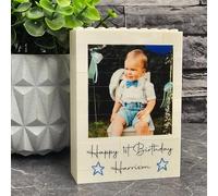 Personalised Building Blocks Birthday Photo Plaque | Custom Name & Message Gift | Blue Pink Design | Handmade Display Block Keepsake for Kids Teens Adults (Blue Stars, Small - 7.9cm x 6.4cm)