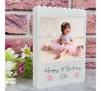 Personalised Building Blocks Birthday Photo Plaque | Custom Name & Message Gift | Blue Pink Design | Handmade Display Block Keepsake for Kids Teens Adults (Pink Stars, Small - 7.9cm x 6.4cm)