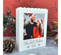 Personalised Building Blocks Photo Plaque for Our First Christmas | Custom Couple Photo & Text Keepsake | Freestanding Memory Display (Medium - 10.8cm x 8cm)