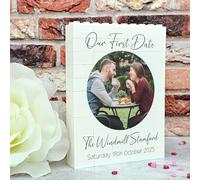 Personalised Building Blocks Photo Plaque "Our First Date" | Custom Photo & Editable Text Romantic Keepsake | Couples Memory Gift for Anniversary (Circle Photo, Extra Large - 15.6cm x 11.2cm)