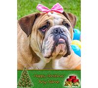 Personalised Bulldog Dog Christmas Card (Happy Christmas, Any Name) - Custom Xmas Card for Him or Her Male Female Kids Boys Girls