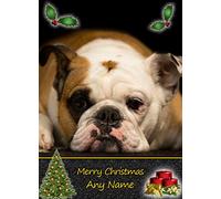Personalised Bulldog Dog Christmas Card (Merry Christmas, Any Name) - Custom Xmas Card for Him or Her Male Female Kids Boys Girls