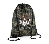 Personalised Bulldog Miniature with ANY NAME, Gift for Pet/Dog Owner, Friends, Family, Birthday Present, Drawstring Bag, PE Gym Kit, Swimming Rucksack. (Jungle Camo)