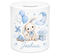 Personalised Bunny Ceramic Money Box - Custom Baby Boy Coin Bank with Any Name - Cute Blue Rabbit Piggy Bank for Boys, Babies & Toddlers - Nursery Savings Pot Keepsake Gift