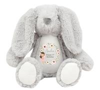 Personalised Bunny with Name and Message - Fairy Wreath with Brown Hair Soft Toy for Baby, Child, Kids, Babies Christening Flower Girl Bridesmaid Birthday New Baby - Fairy Brown Hair Grey Bunny
