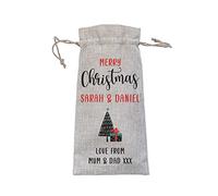Personalised Burlap Bottle Gift Bag | Merry Christmas Wine Tote Holder | Custom Printed with Recipient Name & Love From Message