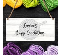 Personalised "Busy Crocheting" Sign - Custom Name Crochet Room Plaque for Crafters and Yarn Lovers - MDF Wood with Rustic Twine Hanger