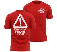 Personalised Butcher at Work T Shirt for Men, Short Sleeve Tshirt, Custom Workwear for Employee's, Staff Uniform, M, Red