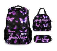 Personalised Butterfly Backpack Set for Girls - 17 Inch Cute Cartoon School Bag with Lunch Box & Pencil Case, Large Capacity Book Bag for Students Aged 6-12,Fantastic gift for Butterfly Lovers