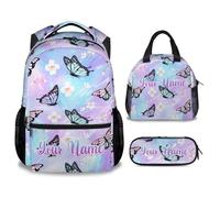 Personalised Butterfly Backpack Set for Girls - 17 Inch Cute Cartoon School Bag with Lunch Box & Pencil Case, Large Capacity Book Bag for Students Aged 6-12, Bookbag with Adjustable Straps