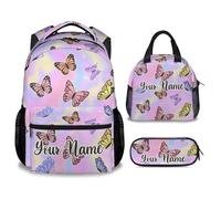 Personalised Butterfly Backpack Set for Girls - 17 Inch Cute Cartoon School Bag with Lunch Box & Pencil Case, Large Capacity Book Bag for Students Aged 6-12, Fantastic gift for Butterfly Lovers