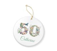 Personalised Butterfly Floral Birthday Ornament, Milestone Ages 13-90, 7.5cm Display Keepsake (50th Birthday)