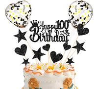 Personalised Cake Decorations 100th Happy Birthday Cake Toppers Glitter Cupcake Topper for Girls Boys Party Supplies for Black Theme Birthday Party Anniversary
