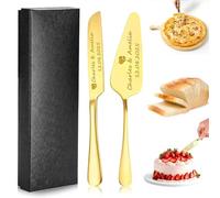 Personalised Cake Knife and Server Set with Name & Date, Stainless Steel Cake Cutter, Pie Cutter Pizza Spatula, Personalised Gift for Newlyweds, Anniversary, Birthday & Special Occasions (Gold)