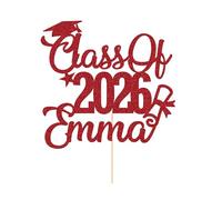 Personalised Cake Topper Custom Congrats Graduation Hat Student Class of 2026 Double Sided Glitter Card Red