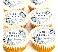 Personalised Cake Toppers - Pre Cut - Edible Icing or Wafer - 4cm x 24 - Navy Blue Gold Flowers - Wedding Birthday Nikah Engagement Hen Anniversary Cupcake Decorations (Edible Icing)