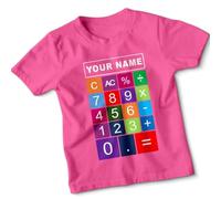 Personalised Calculator Math Kids T-Shirt Custom Name Boys Girls Education National Numeracy Number Day Maths Day Graphic Childrens Tee STEM Learning 7-8 Years Fuchsia
