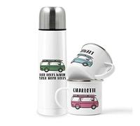 Personalised Campervan Enamel Mug Set - Travel & Adventure - Gift for Him or Her - Motorhome Mug Flask Set - Add Name and Text - Unique Custom Present