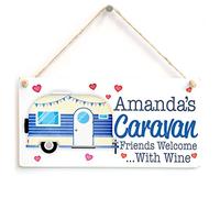 Personalised Caravan Friends Wine Sign, Blue Caravan | Wine welcome message with cheerful caravan styling