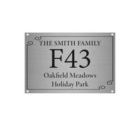 Personalised Caravan Plot Sign | 15x10cmBrushed Silver Aluminium Plaque | Custom Name, Pitch Number & Park Name | Outdoor Durable Sign with Screw Holes