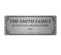 Personalised Caravan Plot Sign | 20 x 7.5cm Brushed Silver Aluminium Plaque | Custom Name, Pitch Number & Park Name | Outdoor Durable Sign with Screw Holes