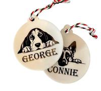 Personalised Caricature Dog Christmas Bauble, Many breeds and designs 6cm x 6cm. Lots of dog breeds and each one can be named. Also a great gift or dog memorial.