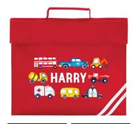 Personalised Cars Book Bag for Boys Watercolour Vehicles Return to School Nursery Kids Bag, One Size, Red