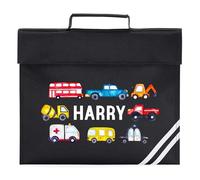 Personalised Cars Book Bag for Boys Watercolour Vehicles Return to School Nursery Kids Bag, One Size, Black