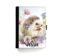 Personalised Case For Apple iPad Models 10, 9, 8, 7, 6, Air 11, Pro 12.9,13 inch, Mini, Watercolour Flower Hedgehog Case with Name 360 Swivel PU Leather Side Flip Folio Cover
