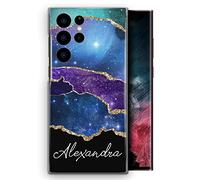 Personalised Case For Samsung Galaxy Phones, S25, S24, S23, S22, S21, S20 FE, Plus, Ultra, Custom Plastic Hard Cover, Gold Colour Print Name Purple Blue Star Galaxy Phone Case, Initial Phone Case