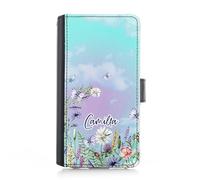 Personalised Case For Samsung Galaxy Phones, S25, S24, S23, S22, S21, S20 FE, Plus, Ultra, Custom PU Leather Flip Cover, Blue Sky Flower Phone Case with Name, Initial Phone Case