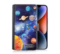 Personalised Case For Samsung Galaxy Phones, S25, S24, S23, S22, S21, S20 FE, Plus, Ultra, Custom PU Leather Flip Cover, Sun Planets Space Star Phone Case with Name, Initial Phone Case