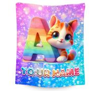 Personalised Cat Blanket with Name - Custom Cat Lovers Gifts for Girls - Flannel Soft Cozy Throw with Cute Pattern - Ideal for Sofa, Bed & Living Room