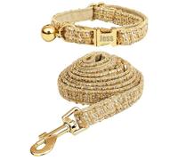 Personalised Cat Collar with Bell & Matching Leash, Engraved Name & Phone Number, Adjustable Soft Collar For Cats, Kittens and Puppies(Khaki)